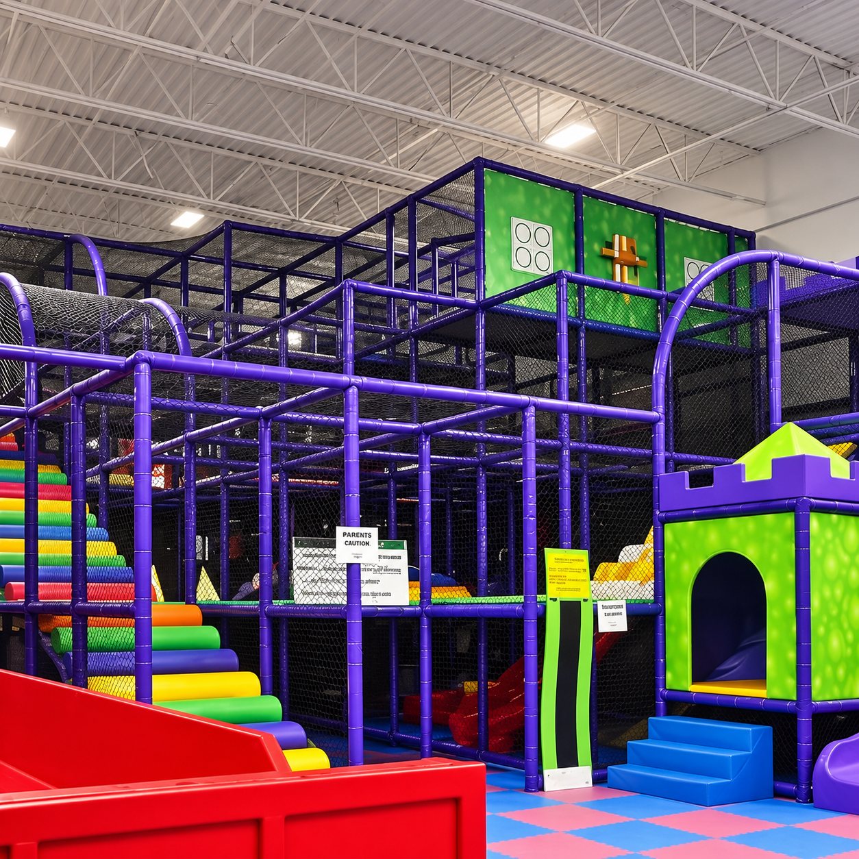 Purple indoor playground structure at FunZ Trampoline Park Waterbury