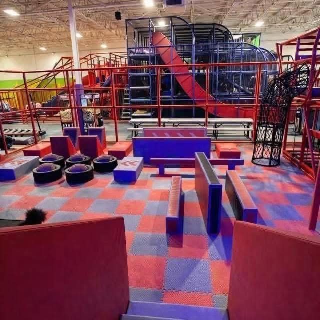 Ninja course with battle beam and climbing net at FunZ Trampoline Park Waterbury