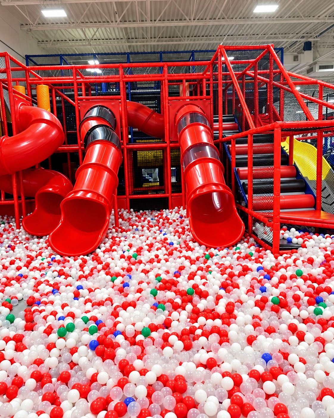 Red tube slides into the ball pit at FunZ Trampoline Park Waterbury