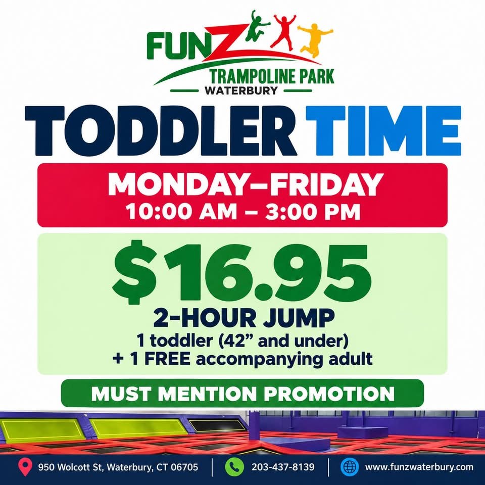 Toddler Time, Monday–Friday 10am–3pm: $16.95 two-hour jump for 1 toddler 42 inches and under plus 1 free accompanying adult. Must mention promotion.