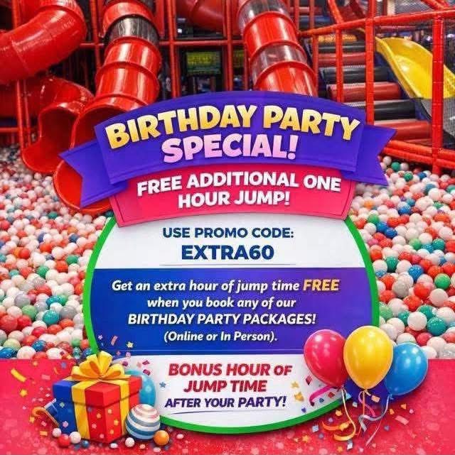 Birthday Party Special: free additional one-hour jump with promo code EXTRA60 when you book any birthday party package, online or in person.